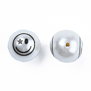 ABS Plastic Imitation Pearl Beads, with Printed, Round with Smiling Face, Black, 10mm, Hole: 1mm(KY-N015-147)