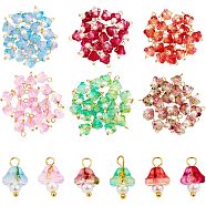 120Pcs 6 Colors Electroplate Glass Charms, with Golden Plated Brass Findings and Glass Pearl Round Beads, Trumpet Flower, Mixed Color, 14x9x9mm, Hole: 2.5mm, 20pcs/color(FIND-CA0005-92)