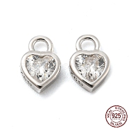 Real Platinum Plated Rhodium Plated 925 Sterling Silver Charms, with Clear Cubic Zirconia, with S925 Stamp, Heart, 6x4x2mm, Hole: 1.2mm(STER-K176-03A-P)