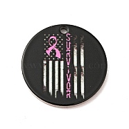 Breast Cancer Pink Awareness Ribbon Style 201 Stainless Steel Pendants, Flat Round, Stainless Steel Color, White, 25x1mm, Hole: 1.8mm(STAS-J041-03E)