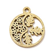 304 Stainless Steel Textured Pendants, Hollow, Flat Round with Girl & Flower, Golden, 14x11.5x1mm, Hole: 1mm(STAS-J040-07B-G)
