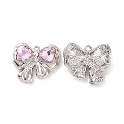 Rack Plating Alloy Glass Pendants, Platinum Tone Bowknot & Heart Charms, Cadmium Free & Lead Free & Nickle Free, Pearl Pink, 20x22.5x5mm, Hole: 1.5mm(FIND-I037-40P-03)