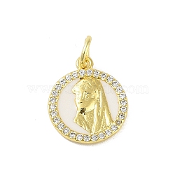 Brass Micro Pave Clear Cubic Zirconia Pendants, with Jump Ring and Enamel, Real 18K Gold Plated, Flat Round, 14x12x1.8mm, Hole: 3mm(KK-E111-46G-02)