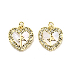 Brass Micro Pave Clear Cubic Zirconia Pendants, with Shell, Jump Rings, Real 18K Gold Plated, Cross, 20.5x19x2mm, Hole: 3.5mm(KK-K365-04E-G)