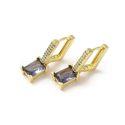 Rectangle Real 18K Gold Plated Brass Dangle Hoop Earrings, with Cubic Zirconia and Glass, Purple, 25x7mm(EJEW-L268-027G-05)