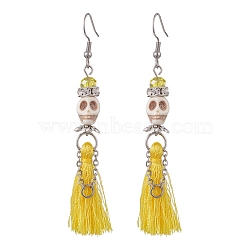 Synthetic Turquoise Skull Dangle Earrings, 316 Surgical Stainless Steel Tassel Earrings for Halloween, Yellow, 77~79mm, Pin: 0.7mm(EJEW-TA00235-04)