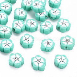 Handmade Polymer Clay Beads, Flower, Turquoise, 9~10x9~10x4~5mm, Hole: 1.2mm(X-CLAY-N011-007D)