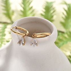 Ion Plating(IP) 304 Stainless Steel Micro Pave Cubic Zirconia Hoop Earrings, Teardrop, Golden, 21mm, Pin: 0.8mm(STAS-R004-05G-02)