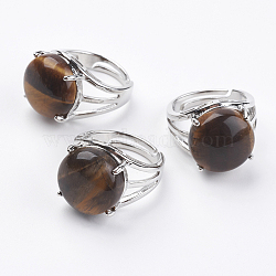 Adjustable Natural Tiger Eye Finger Rings, with Brass Findings, US Size 7 1/4(17.5mm), gemstone: 16mm(X-RJEW-F075-01A)