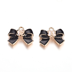 Light Gold Plated Alloy Enamel Pendants, Bowknot, Black, 16.5x20x5mm, Hole: 2.5mm(PALLOY-TAC0011-16A)