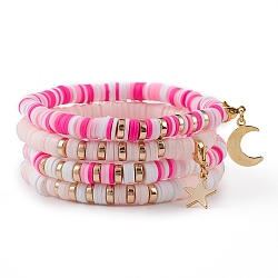 4Pcs 4 Styles Polymer Clay Heishi Beads Stretch Bracelets Sets, Stackable Bracelets, with Electroplate Synthetic Hematite Spacer Beads, 304 Stainless Steel Pendants, Moon & Star, Golden, Hot Pink, Inner Diameter: 2-1/4 inch(5.55cm), 1pc/style(BJEW-JB05909)
