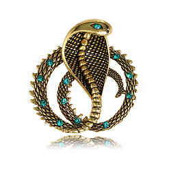 Snake Alloy Rhinestone Safety Pin Brooch, Antique Golden, 42x40mm(PW-WGC1B3E-02)