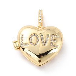 Brass Micro Pave Cubic Zirconia Diffuser Locket Pendants, Long-Lasting Plated, Heart with word LOVE,Real 18K Gold Plated, 19.5x22.5x8.5mm, Hole: 3.2x5mm(ZIRC-Z018-05G)