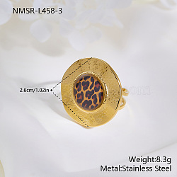 304 Stainless Steel and Resin Cuff Open Rings for Women, with Leopard Print Flat Round, Golden, US Size 4 1/4(15~20mm)(WGE8737-03)