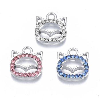 Alloy Charms, with Rhinestone, Cadmium Free & Nickel Free & Lead Free, Fox, Platinum, Mixed Color, 13.5x12.5x2.5mm, Hole: 2mm