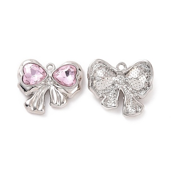 Rack Plating Alloy Glass Pendants, Platinum Tone Bowknot & Heart Charms, Cadmium Free & Lead Free & Nickle Free, Pearl Pink, 20x22.5x5mm, Hole: 1.5mm