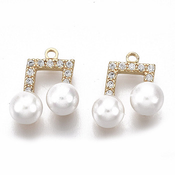 Brass Micro Cubic Zirconia Charms, with ABS Plastic Imitation Pearl Beads, Nickel Free, Real 18K Gold Plated, Musical Note, Creamy White, 14x10.5x6.5mm, Hole: 1.2mm