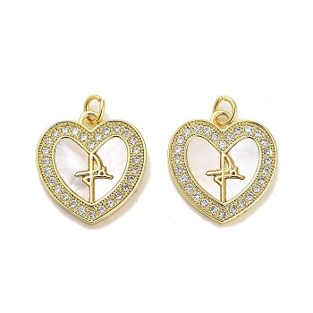 Brass Micro Pave Clear Cubic Zirconia Pendants, with Shell, Jump Rings, Real 18K Gold Plated, Cross, 20.5x19x2mm, Hole: 3.5mm