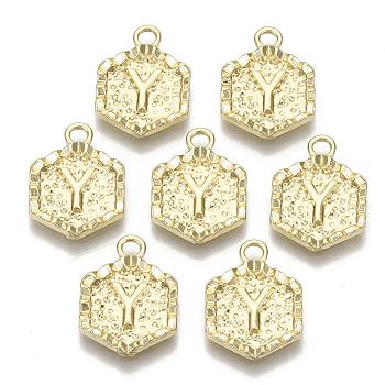 Alloy Pendants, Cadmium Free & Nickel Free & Lead Free, Hexagon with Letter, Real 18K Gold Plated, Letter.Y, 17.5x13x2mm, Hole: 2mm