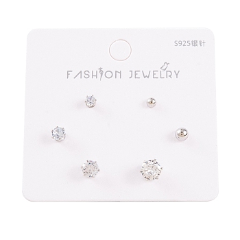 6 Pcs Brass Mirco Pave Clear Cubic Zirconia Ear Studs, with 925 Sterling Silver Pins, Round & Hexagon, Platinum, 6.5x3mm