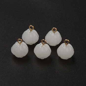 Glass Charms, Imitation Jade, with Light Gold Plated Brass Loop, Bud, White, 15x12x12mm, Hole: 2mm