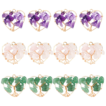 12Pcs 3 Styles Natural Gemstone Pendants, Natural Rose Quartz & Amethyst & Green Aventurine, with Real 18K Gold Plated Brass Findings and Copper Wire Wrapped, Heart with Tree, 25.5x27x8mm, Hole: 2.6mm, about 4pcs/style