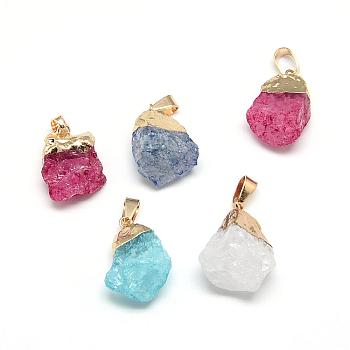 Natural Quartz Crystal Pendants, with Golden Tone Iron Findings, Dyed, Nuggets, Mixed Color, 18~25x16~17x10~14mm, Hole: 4x6mm