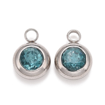 304 Stainless Steel Charms, Flat Round with Glass Rhinestone, Stainless Steel Color, Teal, 14x10x6mm, Hole: 2.5mm