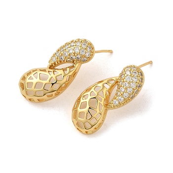 Hollow Teardrop Brass Micro Pave Clear Cubic Zirconia Dangle Stud Earrings, Long-Lasting Plated, Cadmium Free & Lead Free, Real 18K Gold Plated, 28x12.5mm