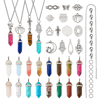 PANDAHALL DIY Natural & Synthetic Mixed Gemstone Bullet Pendant Necklace Making Kit, Including Dog Paw & Owl & Hamsa Hand & Butterfly Alloy Pendants & Brass Links Connector & Cable Chains