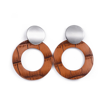 PU Leather Dangle Stud Earrings, with 304 Stainless Steel Stud Earring Findings, Ring, Chocolate, 57mm, pin: 0.8mm