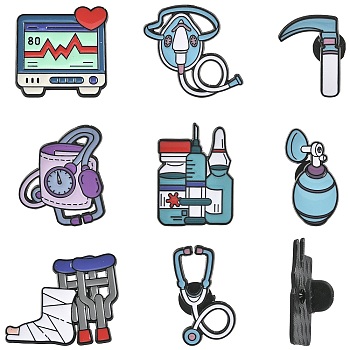 8Pcs 8 Styles Medical Theme Enamel Pins, Alloy Lapel Pin Backs for Backpack Clothes, Black, Mixed Shapes, Mixed Color, 26~36x16~33.5mm, 1pc/style