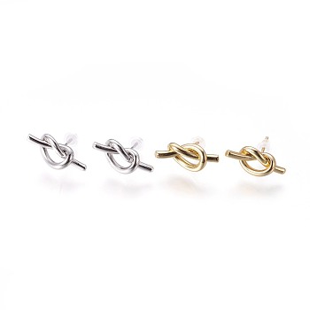 Brass Stud Earrings, with Plastic Ear Nuts, Long-Lasting Plated, Knot, Mixed Color, 8x17x4mm, Pin: 0.7mm