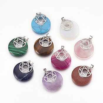 Natural & Synthetic Gemstone Pendants, for Jewish, with Platinum Tone Brass Findings, Flat Round with Star of David, 32x28x7mm, Hole: 4x5mm