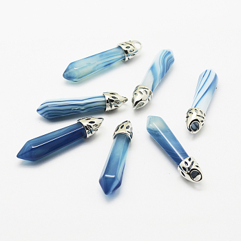Dyed Bullet Natural Agate Pendants, with Platinum Tone Alloy Findings, 33~40x8~10mm, Hole: 3x2mm