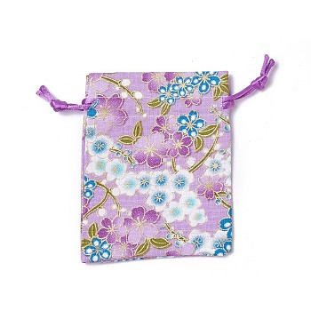 Burlap Packing Pouches, Drawstring Bags, Rectangle with Flower Pattern, Purple, 10~10.5x8~8.3cm