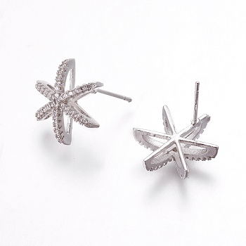 Brass Micro Pave Cubic Zirconia Ear Stud Components, Snowflake, Clear, Platinum, 16x14x5mm, Pin: 0.7mm