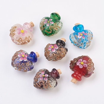 Handmade Luminous Lampwork  Perfume Bottle Pendants, Essential Oil Bottle, with Gold Sand, Heart with Flower, Mixed Color, 31.5~32.5mm, Hole: 4.5~5.5mm, Bottle Capacity: 0.5~1ml(0.017~0.03 fl. oz)