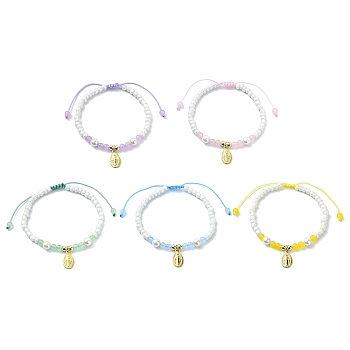 Glass Imitation Pearl Braided Bead Bracelets, with Natural & Dyed Malaysia Jade, Brass Religion Virgin Mary Adjustable Jewelry for Women, Mixed Color, Inner Diameter: 2-1/8~3 inch(5.45~7.7cm)