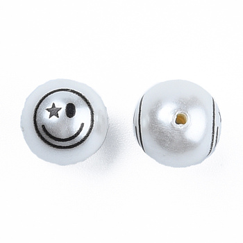 ABS Plastic Imitation Pearl Beads, with Printed, Round with Smiling Face, Black, 10mm, Hole: 1mm