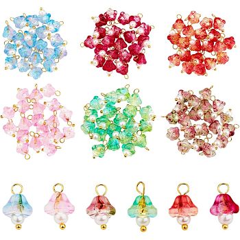 120Pcs 6 Colors Electroplate Glass Charms, with Golden Plated Brass Findings and Glass Pearl Round Beads, Trumpet Flower, Mixed Color, 14x9x9mm, Hole: 2.5mm, 20pcs/color