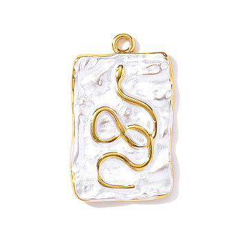 304 Stainless Steel Enamel Pendants, Rectangle with Snake Charms, Ion Plating(IP), Real 18K Gold Plated, White, 25x15mm