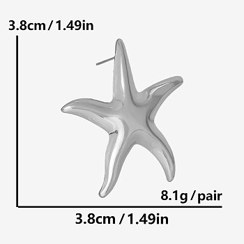 Stylish 304 Stainless Steel Starfish Stud Earrings, Silver, 38x38mm