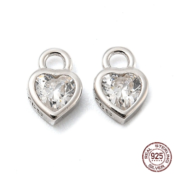 Real Platinum Plated Rhodium Plated 925 Sterling Silver Charms, with Clear Cubic Zirconia, with S925 Stamp, Heart, 6x4x2mm, Hole: 1.2mm