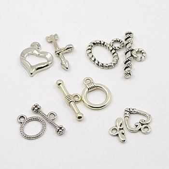 Mixed Tibetan Style Toggle Clasps, Antique Silver, Toggle: 15~25x10~15mm, Bar: 15~25mm, Hole: 2~3mm