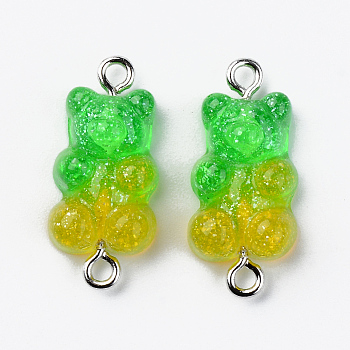 Transparent Resin Links, with Glitter Powder and Platinum Tone Iron Loops, Bear, Lime, 24~25x11x7mm, Hole: 1.8mm