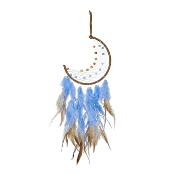 Iron Woven Web/Net with Feather Pendant Decorations, with Plastic Beads, Covered with Leather Cord, Moon, Cornflower Blue, 530mm