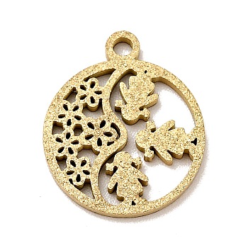 304 Stainless Steel Textured Pendants, Hollow, Flat Round with Girl & Flower, Golden, 14x11.5x1mm, Hole: 1mm