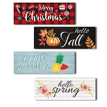 MDF Hanging Board Wall Decorations, with Hooks, Rectangle, Season Theme Pattern, 50x140x10mm, 4pcs/set