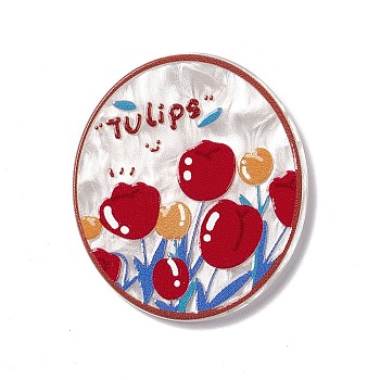 Flower Theme Printed Acrylic Cabochons, Red, 35x30.5x2.5mm